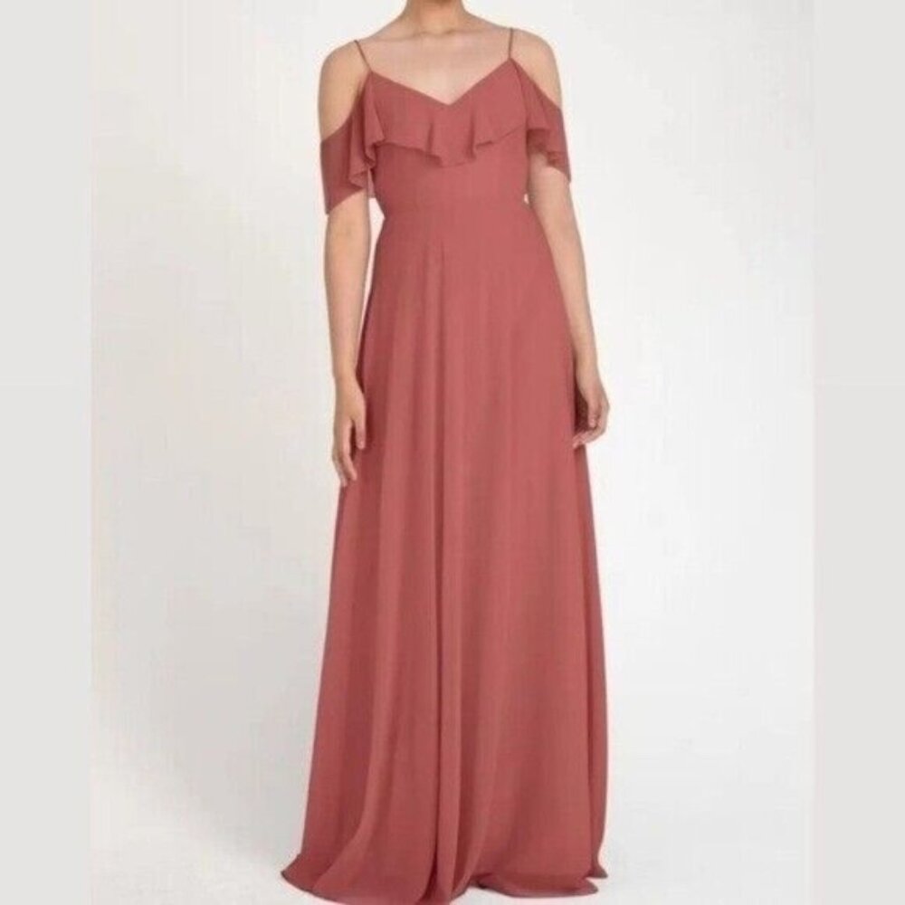 Jenny Yoo Dusty Rose Cold-Shoulder Ruffle Maxi Dress